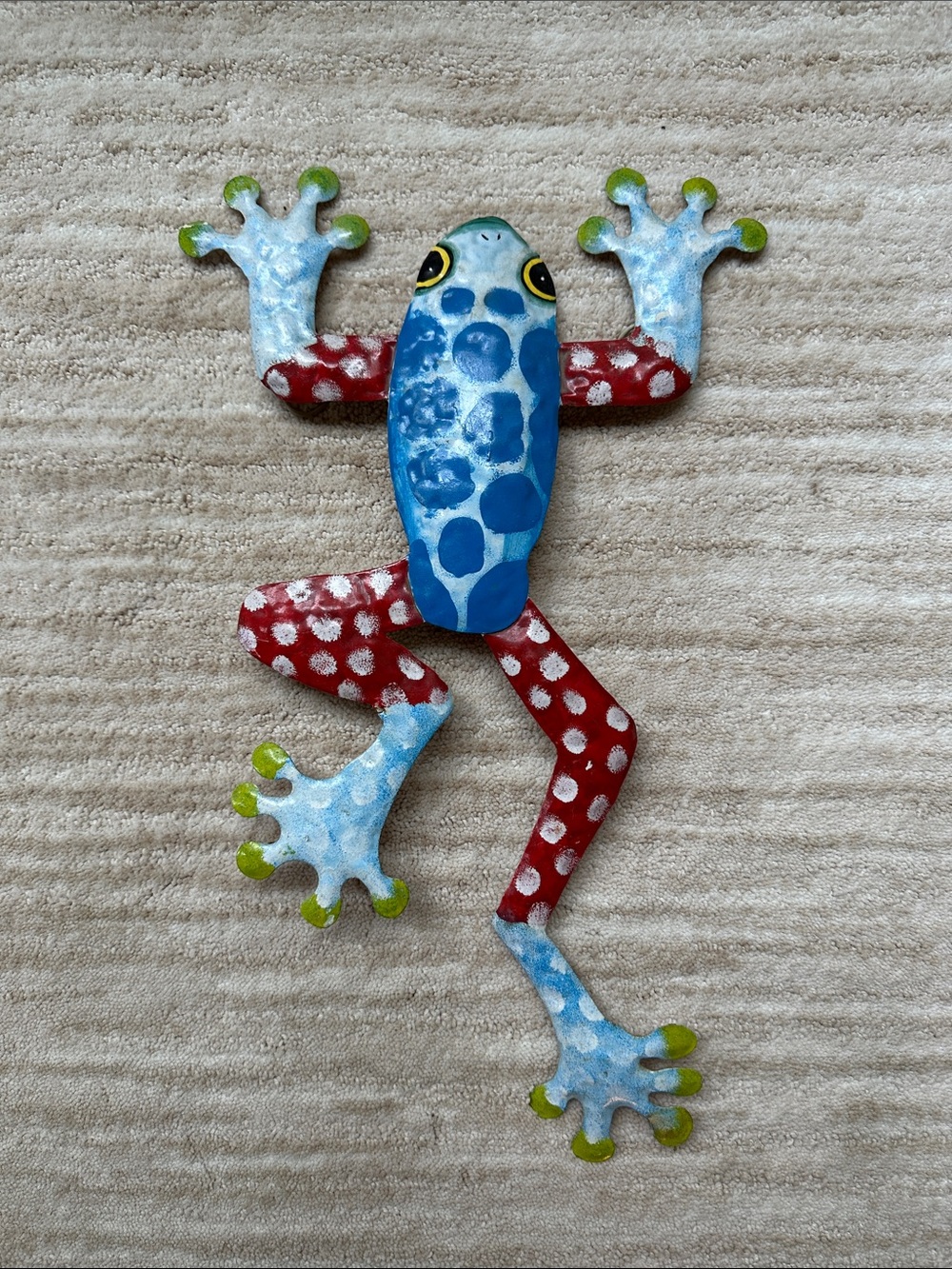 15” Painted Rainforest Frog Metal Wall Art Blue Red Southwest Garden Boho